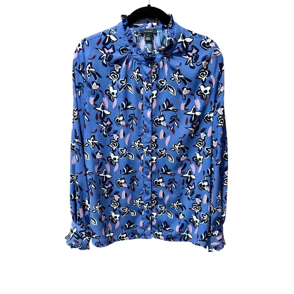 Halogen Womens Blue Floral Ruffle Neck Button Down Blouse Long Sleeve Size M